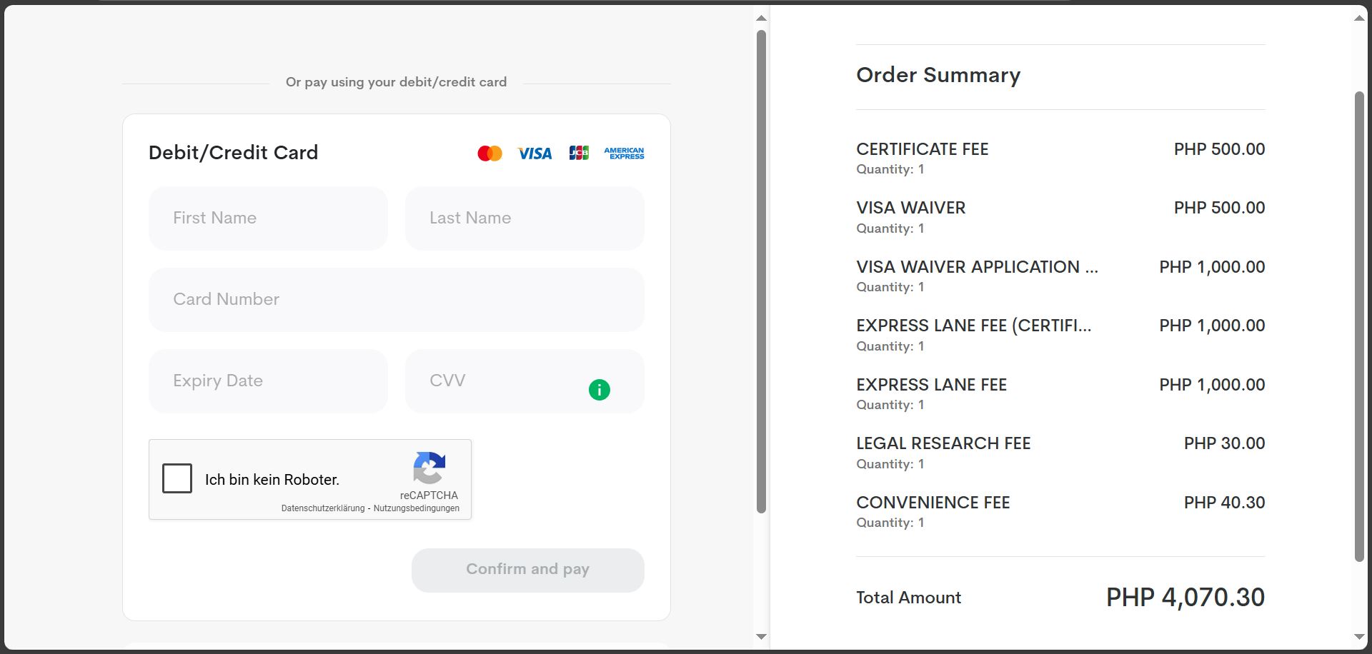 Final overview of total costs for the online Philippine visa extension, including convenience fees