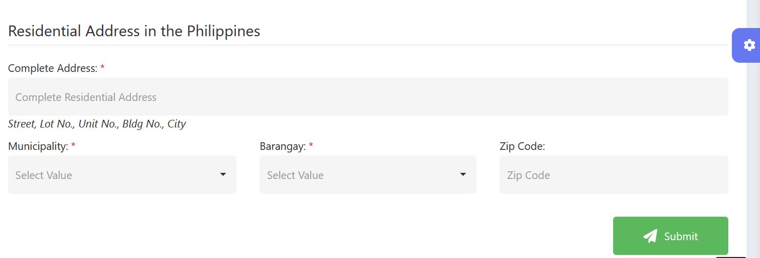 Online form showing residential address entry for the Philippines visa extension