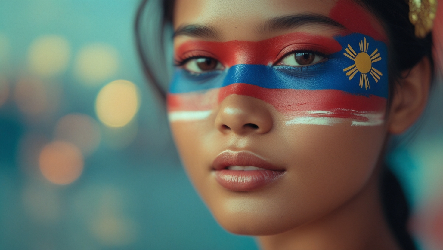 A Filipina with the Philippine flag painted on her face