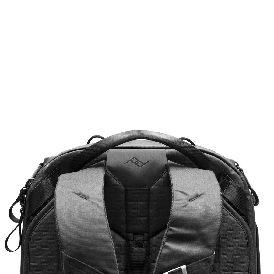 Close-up top-back view of a Peak Design Travel Backpack