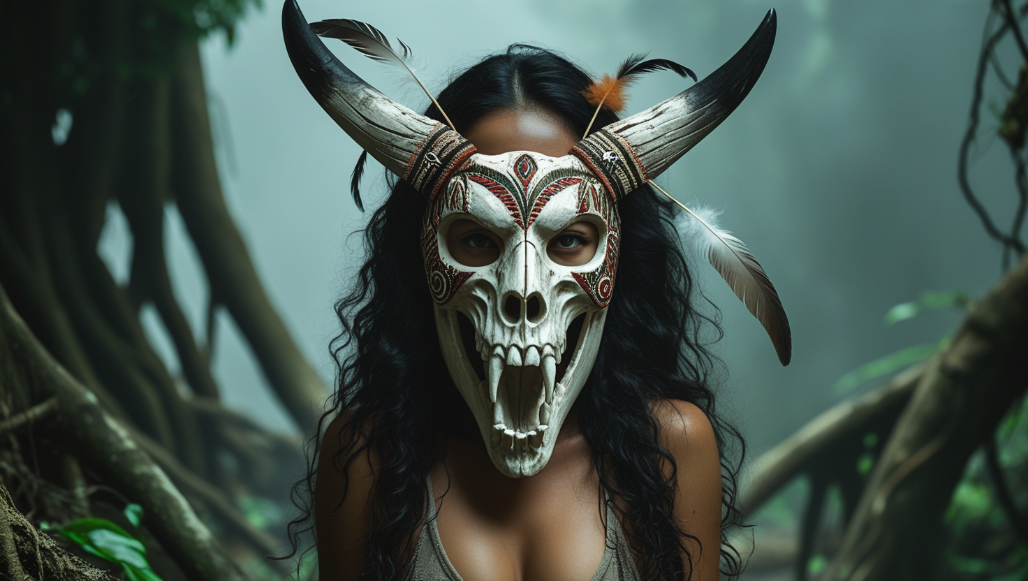 A traditional Siquijor witch wearing a skull mask during a ritual