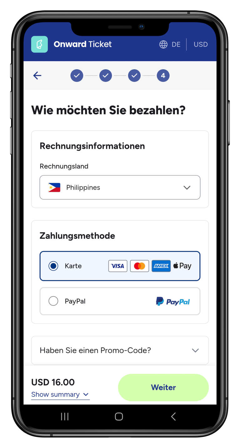 Zahlungsoptionen bei der Buchung eines Onward-Tickets