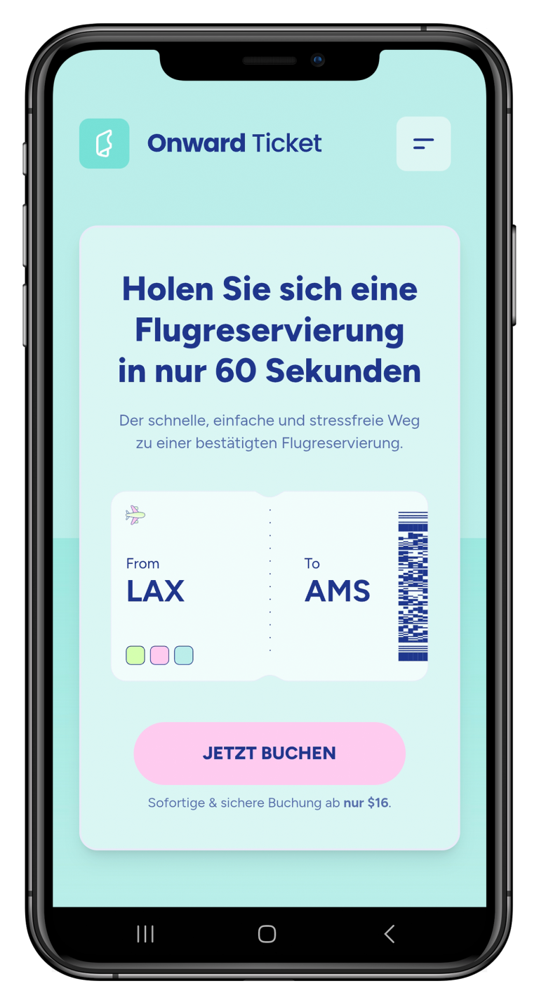 Deutsche Startseite bei der Buchung eines Onward-Tickets