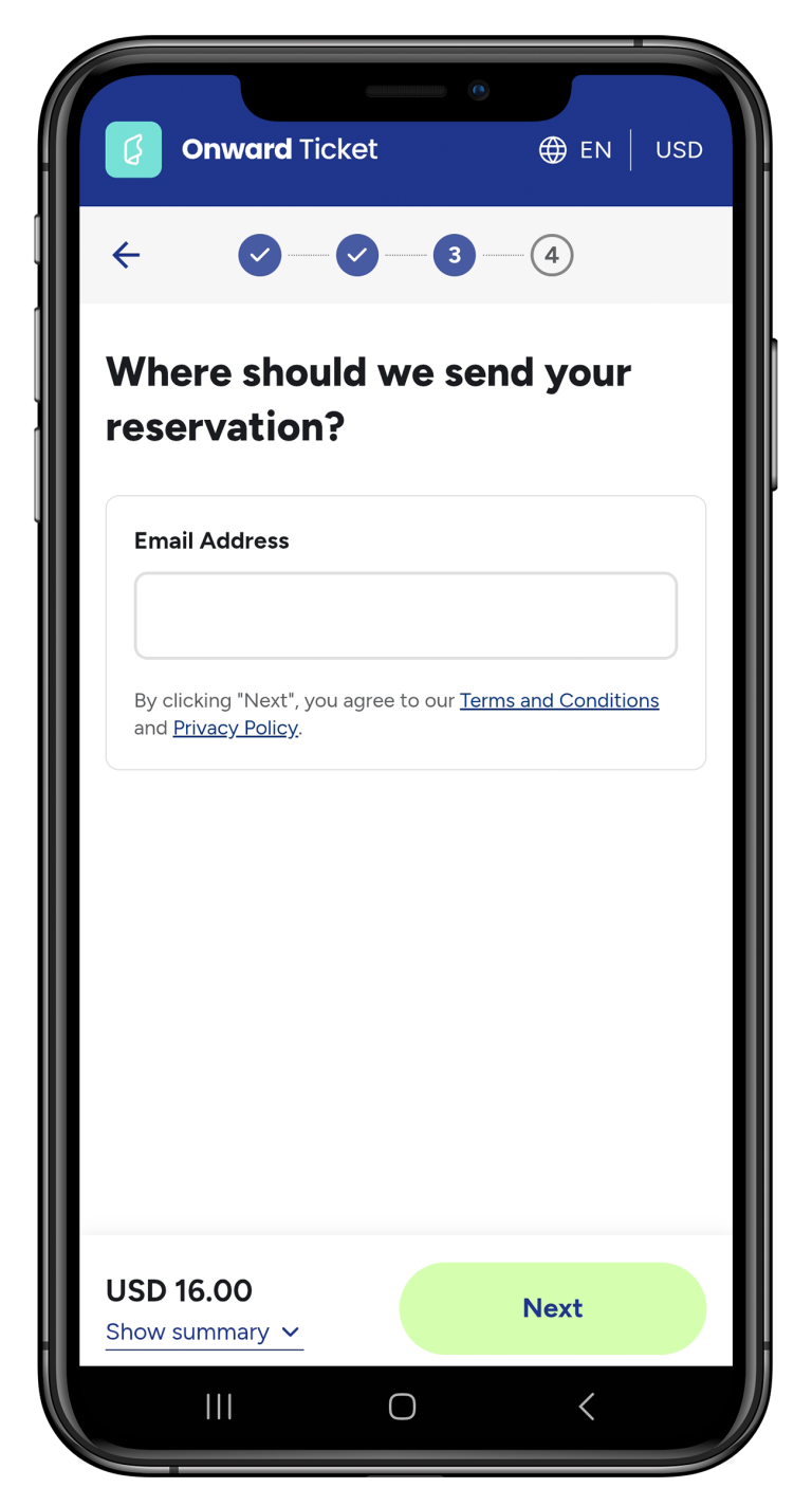 Entry of the email address when booking an onward ticket