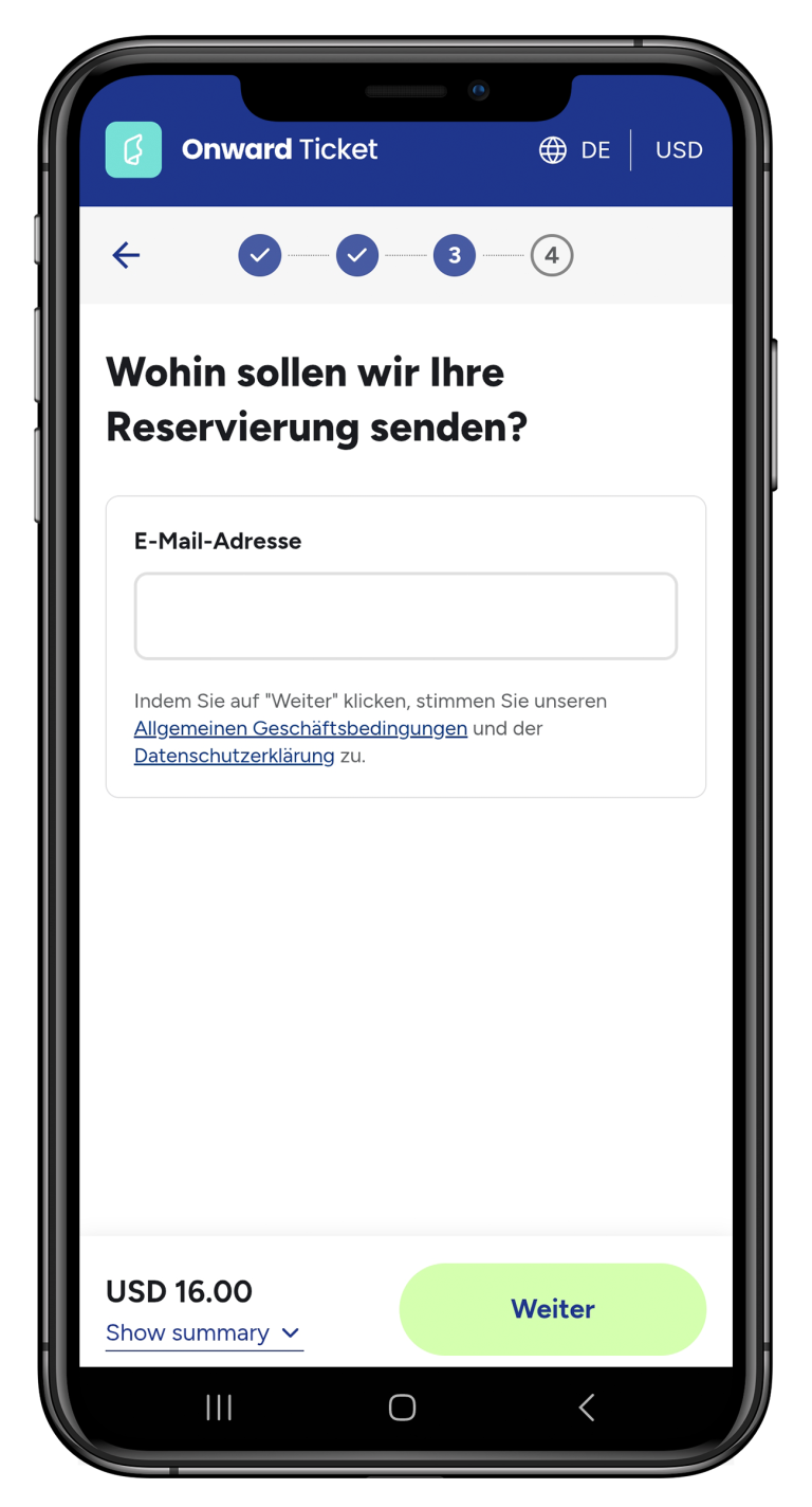 Eingabe der E-Mail-Adresse bei der Buchung eines Onward-Tickets