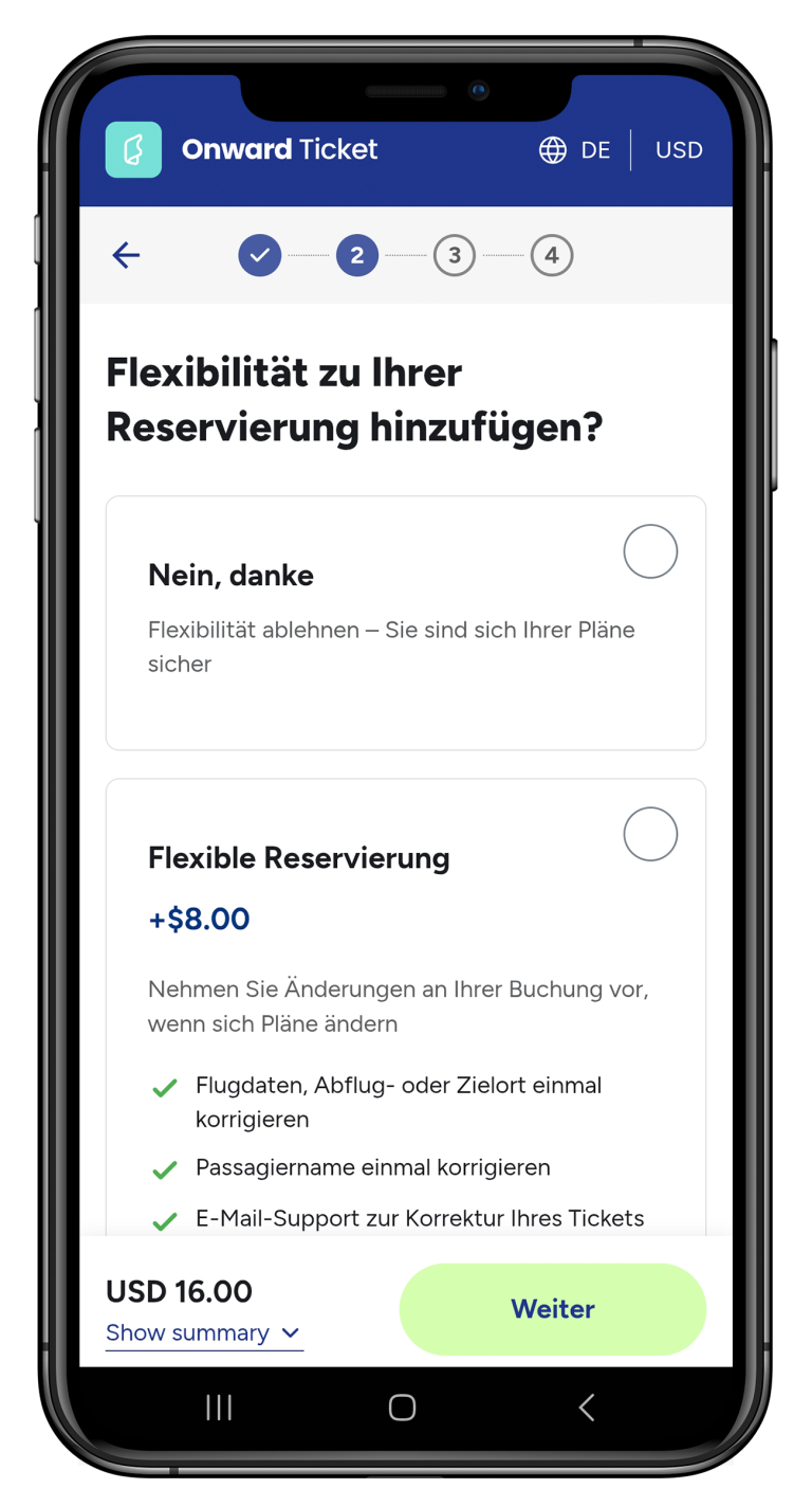 Auswahl der Flexibilität bei der Buchung eines Onward-Tickets