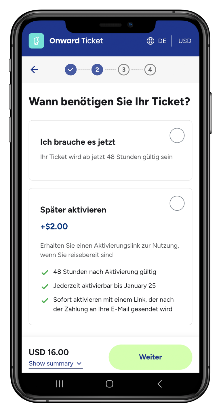 Auswahl der Zustellungszeit bei der Buchung eines Onward-Tickets