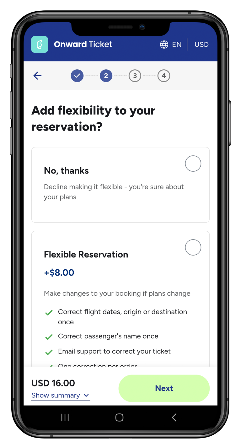 Selection of flexibility options when booking an onward ticket