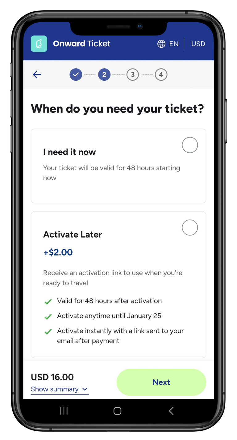 Selection of the delivery time when booking an onward ticket