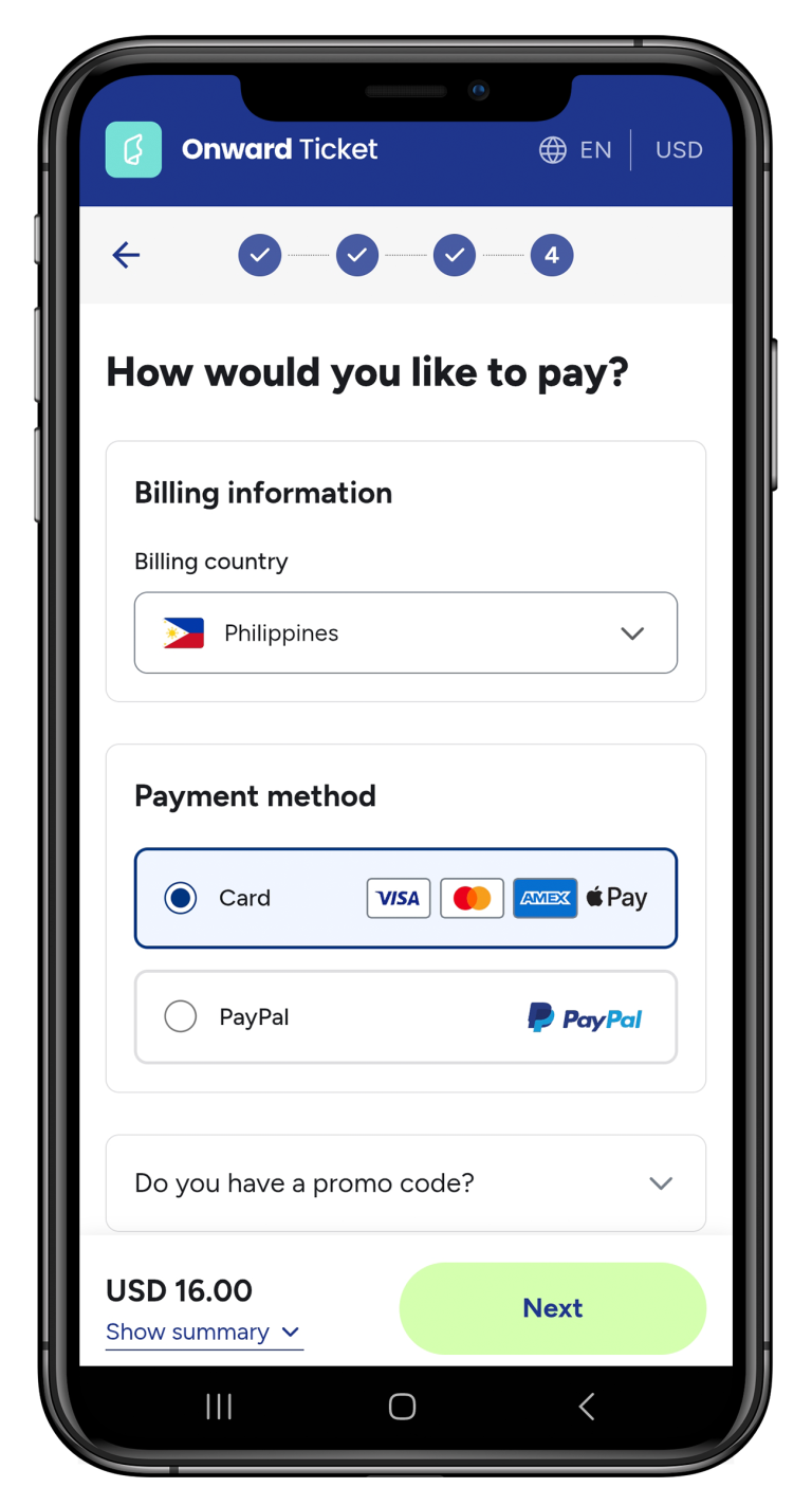 Payment options when booking an onward ticket