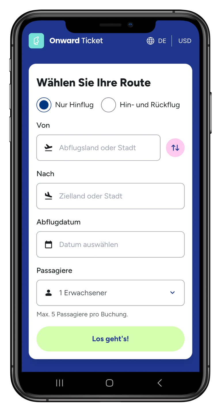 Auswahl der Route bei der Buchung eines Onward-Tickets