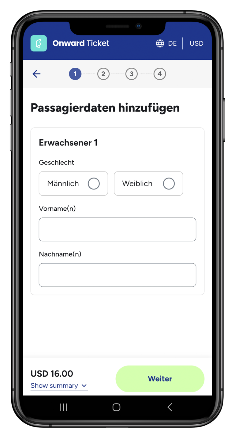 Eingabe der Passagierdaten bei der Buchung eines Onward-Tickets