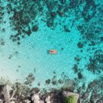 Best things to do in Siquijor – aerial view of turquoise water with a small wooden raft off the coast